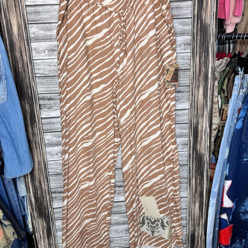 Artisan UpCycled Brown Cream Vintage Animal Print Palazzo wide Leg Pants XL